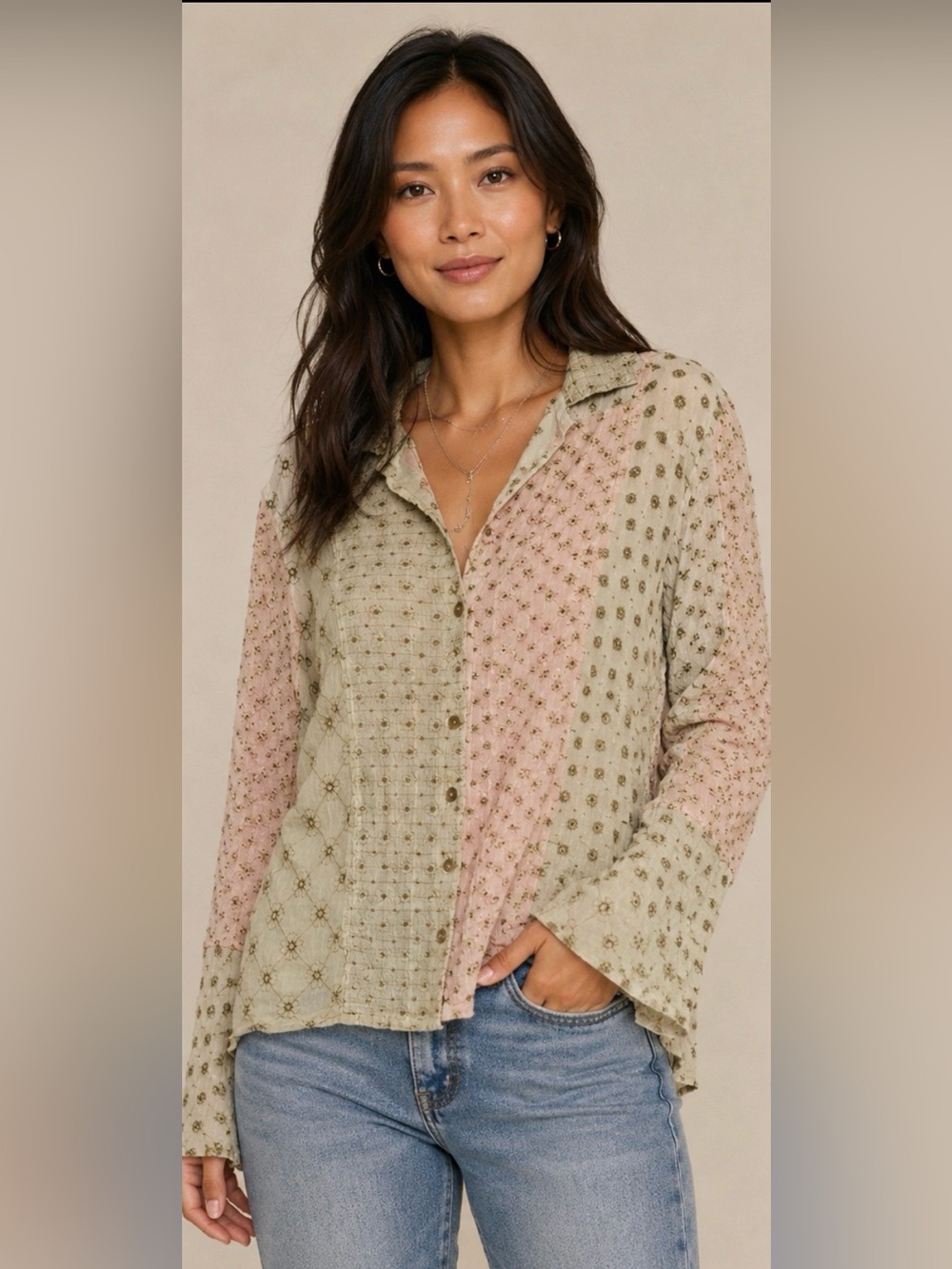 J. Jill Collared Embroidered Floral Crinkle XS Button Down Blouse BOHO hippie